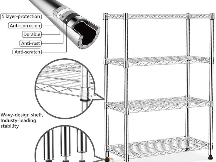 Height Adjustable Shelves,Heavy Duty Wire Pantry Shelving for Tool Sheds, Garage, and Storehouse,Metal,Chrome 4 tier,35 x 60 x 135.8 cm