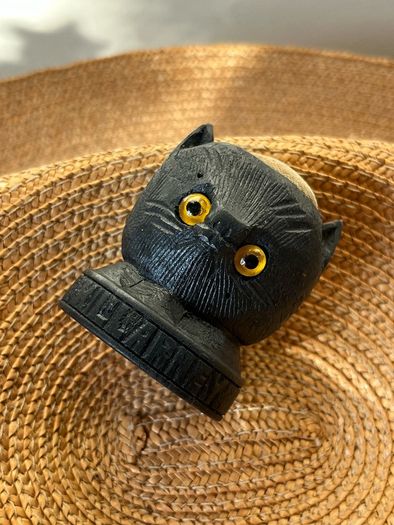 Antique Black Cat Bog Oak Sewing Pin Cushion