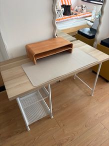 Ikea desk with shelves, computer stand and mouse mat