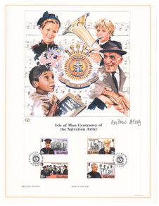 1983 Isle of Man Limited Edition Lithographed Print measuring 333mm X 257mm showing Centenary of Salvation Army Commemorative Stamps with First Day of Issue Cancel