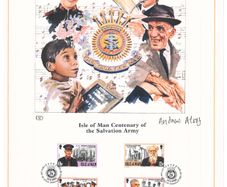 1983 Isle of Man Limited Edition Lithographed Print measuring 333mm X 257mm showing Centenary of Salvation Army Commemorative Stamps with First Day of Issue Cancel