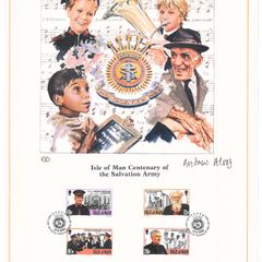 1983 Isle of Man Limited Edition Lithographed Print measuring 333mm X 257mm showing Centenary of Salvation Army Commemorative Stamps with First Day of Issue Cancel