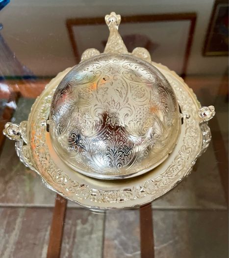 Vintage Silver Colour Roll Top Butter Dish with Glass Insert or Ornate Caviar Server
