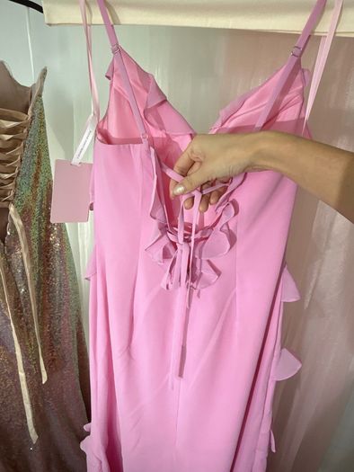 Peach Pink Ruffle Strap Long Gown