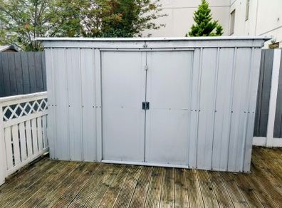 STEEL SHED , 2.8m long, 1.1m deep and 1.73 high.