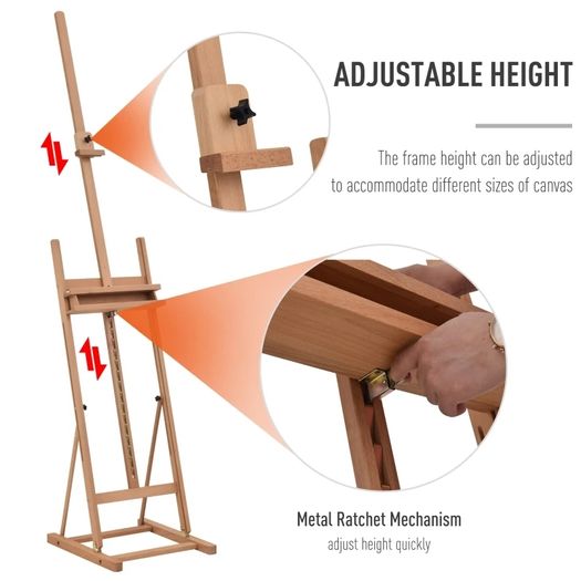 Wooden H-Frame Artist Easel, Height Adjustable Easel Stand with Canvas Holder and Pencil Case for Display, Drawing, Painting, Natural