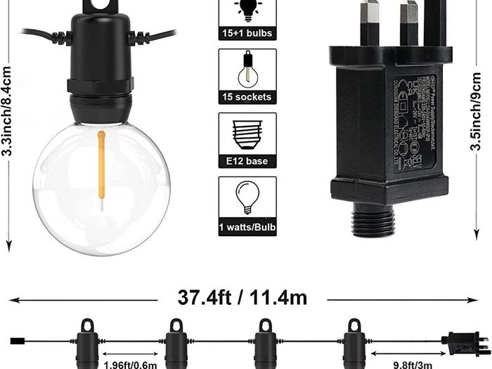37FT Led Outdoor Garden String Lights, Waterproof Safety Voltage Festoon Lights with 15 pcs Shatterproof LED Globe Bulb Lights for Christmas Wedding Party Backyard Patio Cafe (FREE SHIPPING)