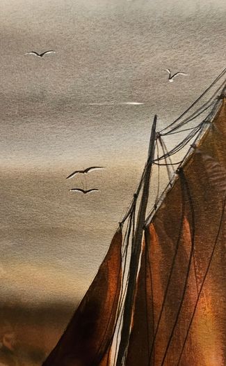 Original Painting , Watercolour by Helen Mulkerns (1996) - Galway Hooker at Sunset