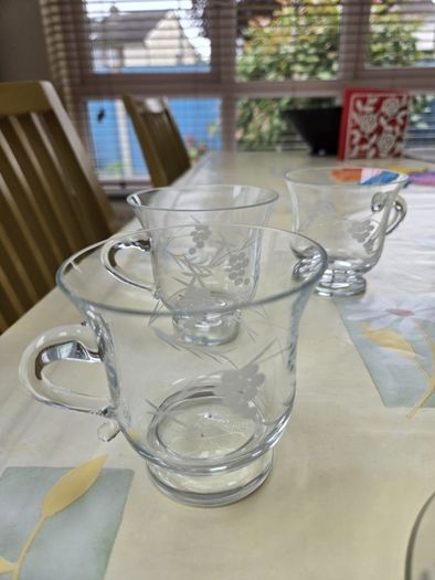 Vintage Duiske Glass  Hand Cut 3 Handled Cups with  Grape and Vine Pattern