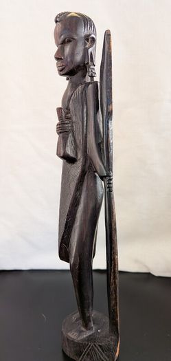 African Wooden Figures Pair Warrior Spear Water Carrier Hand Carved