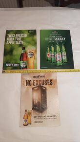 3 x advertising show cards ,,nice condition,,collectors item,,price includes post to anywhere in ireland thank you, take as is,some wear ,,applemans,Heineken, orchards thieves,,