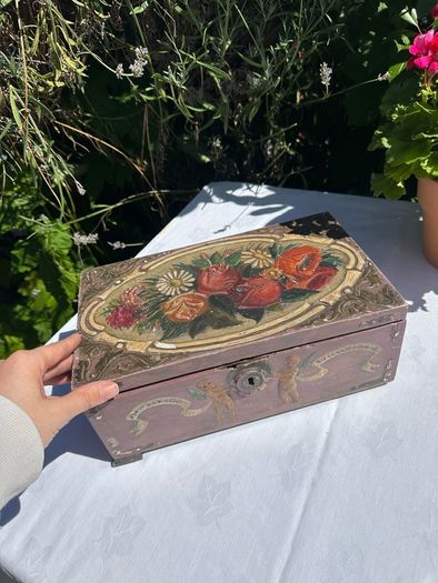 Hand painted wooden box with roses and cherubs