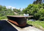 Cast iron brown bath with fittings, brown Royal Dalton toilet and cistern, brown wash hand basin with taps.