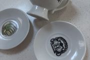 Hendricks Gin Cup and 2 saucers - Charles Dickens Quote -Minds like bodies will ofer fall into a pimpled, ill conditioned state from mere excess of comfort