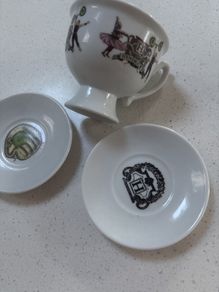 Hendricks Gin Cup and 2 saucers - Charles Dickens Quote -Minds like bodies will ofer fall into a pimpled, ill conditioned state from mere excess of comfort
