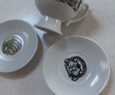 Hendricks Gin Cup and 2 saucers - Charles Dickens Quote -Minds like bodies will ofer fall into a pimpled, ill conditioned state from mere excess of comfort