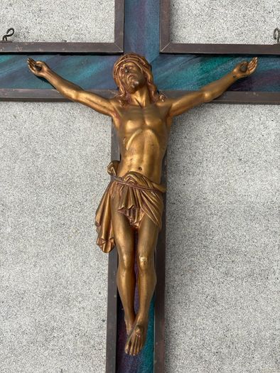 Antique large Ecleastical copper and glass cross crucifix