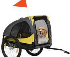 Dog Trailer, Mesh Windows, Roll-Up Cover, Universal Coupler, Steel Frame, Yellow, 140 x 71 x 83 cm