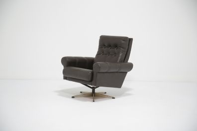 Vintage Brown Leather Swivel Armchair, Denmark, 1970s.