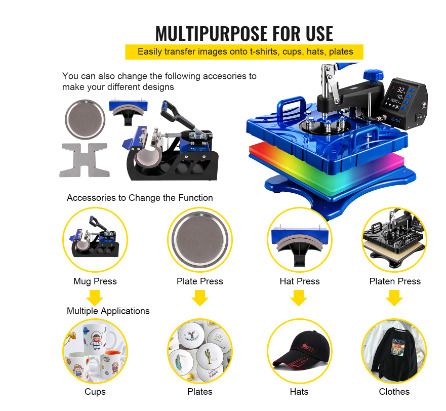 BRAND NEW 6 In 1 Heat Press Machine 800W 12 X 15 Inch Black & Blue 360 Degree Rotation Design Digital LED Transfer Printing for Mug