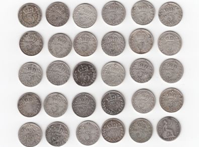 G.B. 29 x 3d, & 1 x 4d, 30 x 921/2% Silver Coins ( no.444)
