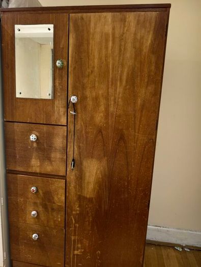 Vintage Wooden Wardrobe / Armoire with Mirror, Drawers & Decorative Knobs