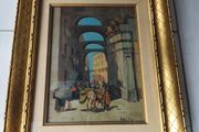 Oil painting of a Naples street with arches