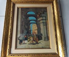 Oil painting of a Naples street with arches