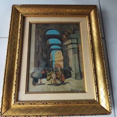 Oil painting of a Naples street with arches