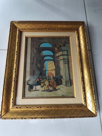 Oil painting of a Naples street with arches