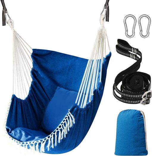 NEW SALE | Hammock Chair Hanging Swing 2 Seat Cushions Included,Strong Webbing Straps and Hooks for Easy Hanging Soft Cotton Weave Hanging Chair Side Pocket Large Tassel Chair Set Comfort Indoor Outdoor