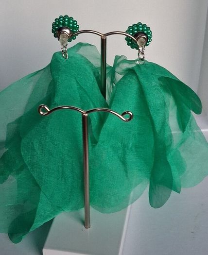 Green Pearl Cluster Stud Glass Inlay Extravagant Chiffon Petal Tassel Earrings
