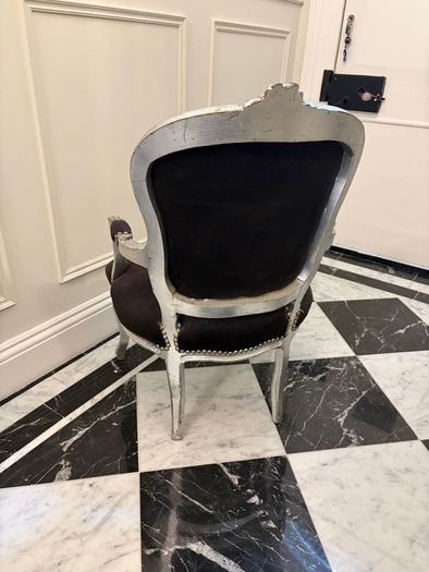 Elegant French Provincial Style Accent Armchair Silver Gilt and Black