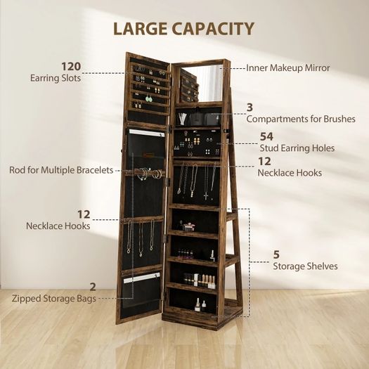 360 Swivel Jewellery Cabinet, Free Standing Full Length Mirror with Storage, Lockable Jewellery Organiser with Built-in Makeup Mirror and Storage Shelves for Bedroom, Rustic Brown