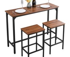 Bar Table, 3PCS 1193.8mm Bars Tables Set, Bar Tables and Chair Set with Rounded Edge Design, Rectangular Pub Table with Two Stools for Office Desk, Breakfast Corner, Mini Bars, Rustic Brown