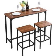 Bar Table, 3PCS 1193.8mm Bars Tables Set, Bar Tables and Chair Set with Rounded Edge Design, Rectangular Pub Table with Two Stools for Office Desk, Breakfast Corner, Mini Bars, Rustic Brown