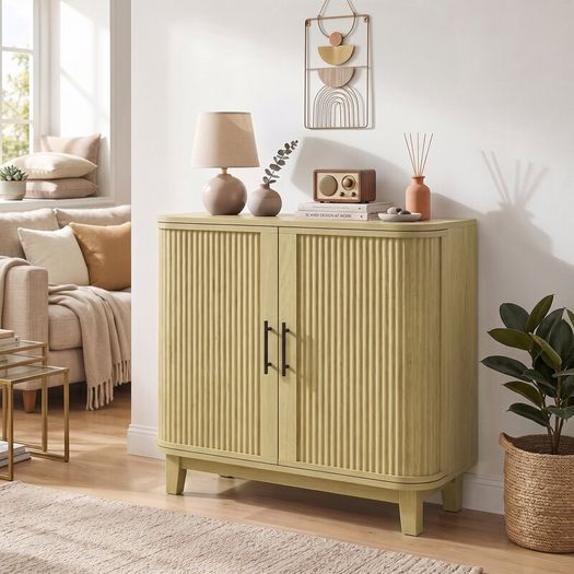 80cm Sideboard Buffet Cabinet, Storage Cabinet with 2 Curved Doors, Adjustable Shelf and Legs for Dining Room, Oak