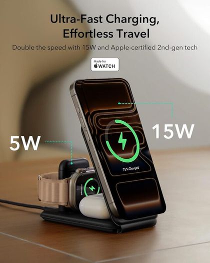 ESR for 3 in 1 Charging Station, 15W MagSafe Charger Stand for iPhone & Apple Watch Charger [Certified], Travel Charging for iPhone 17/16/15/14/13/12 & Watch & AirPods 4/3, Black, No bag