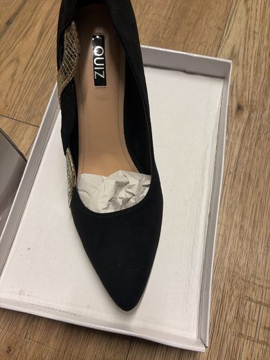 Black suede quiz gold detail high heels