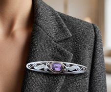 Vintage Sterling Silver And Amethyst Brooch