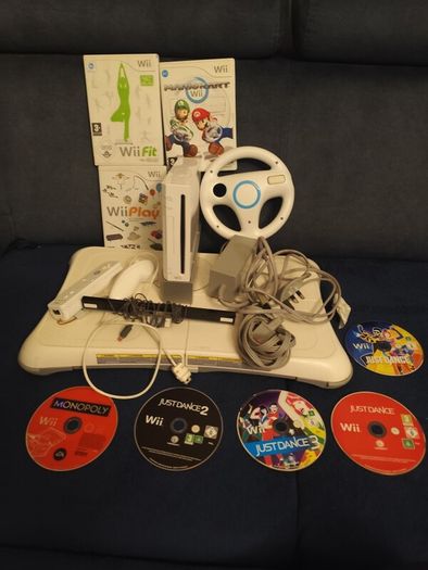 Wii + balance board, Mario kart, steering wheel, dance games