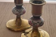 Pair of Brass and Painted Porcelain candlesticks