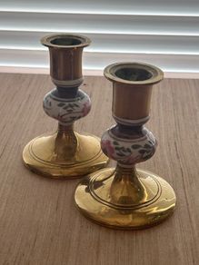 Pair of Brass and Painted Porcelain candlesticks