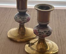 Pair of Brass and Painted Porcelain candlesticks