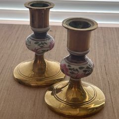 Pair of Brass and Painted Porcelain candlesticks