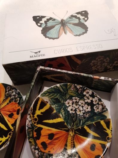 Magpie Biologica Ceramic Butterfly Espresso Set - 2 cups and matching saucers - Brand new