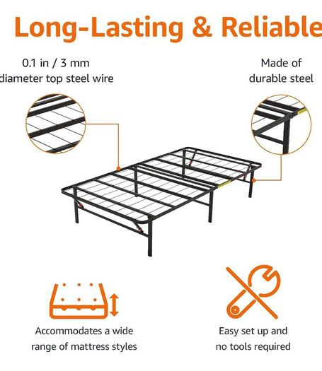 Single Foldable Platform Bed Frame with Steel Slats, Tool-Free Assembly, Under-Bed Storage, 90 x 190 X 35.5 cm, Black