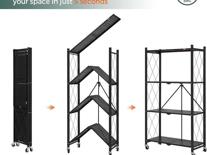 Folding Storage Shelves,4 Tiers Metal Shelving Units for Storage 61x116x28 CM, Corner Kitchen Shelves on Wheels,Pantry Shelves,Bookcase for Living room Black