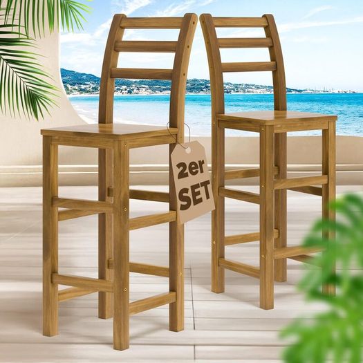 Set of 2 Natural Acacia Wood Bar Stools with Backrest  Perfect for Kitchen, Bar, or Garden
