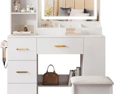 Dressing Table with Mirror and Stool: Vanity Desk with Mirror and Drawers, Open Shelves, White Vanity Dressing Table for Bedroom with Led Light